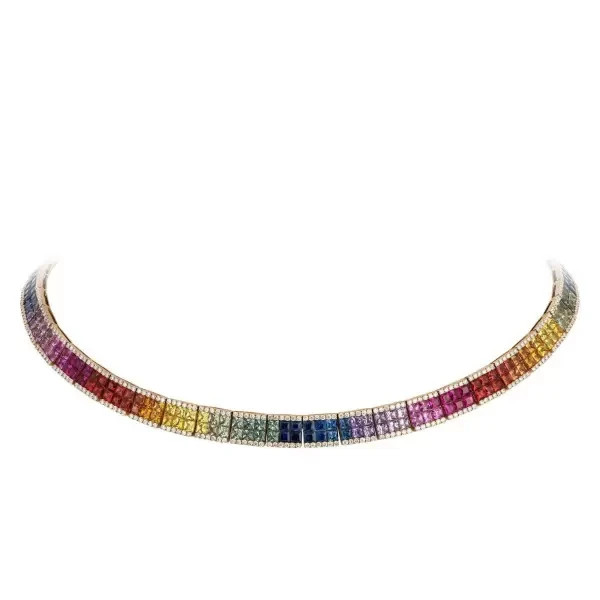 50Ct Princess Cut Multicolor Lab Created Sapphire Rainbow Necklace 925 Silver