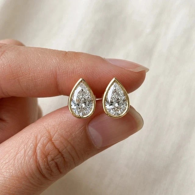 2.Ct Pear Cut Lab Created Diamond Bezel Set Stud Earrings 14K Yellow Gold Plated