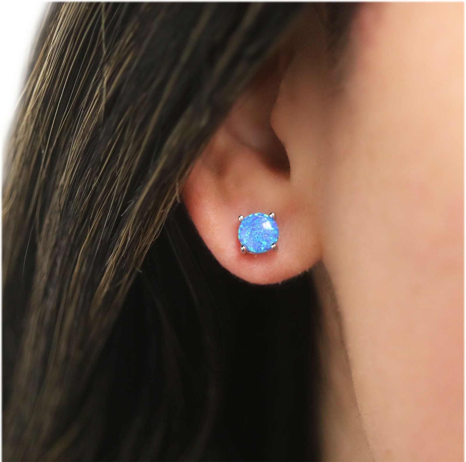 925 Sterling Silver 6mm Round Blue Fire Opal Stud Earrings For Women