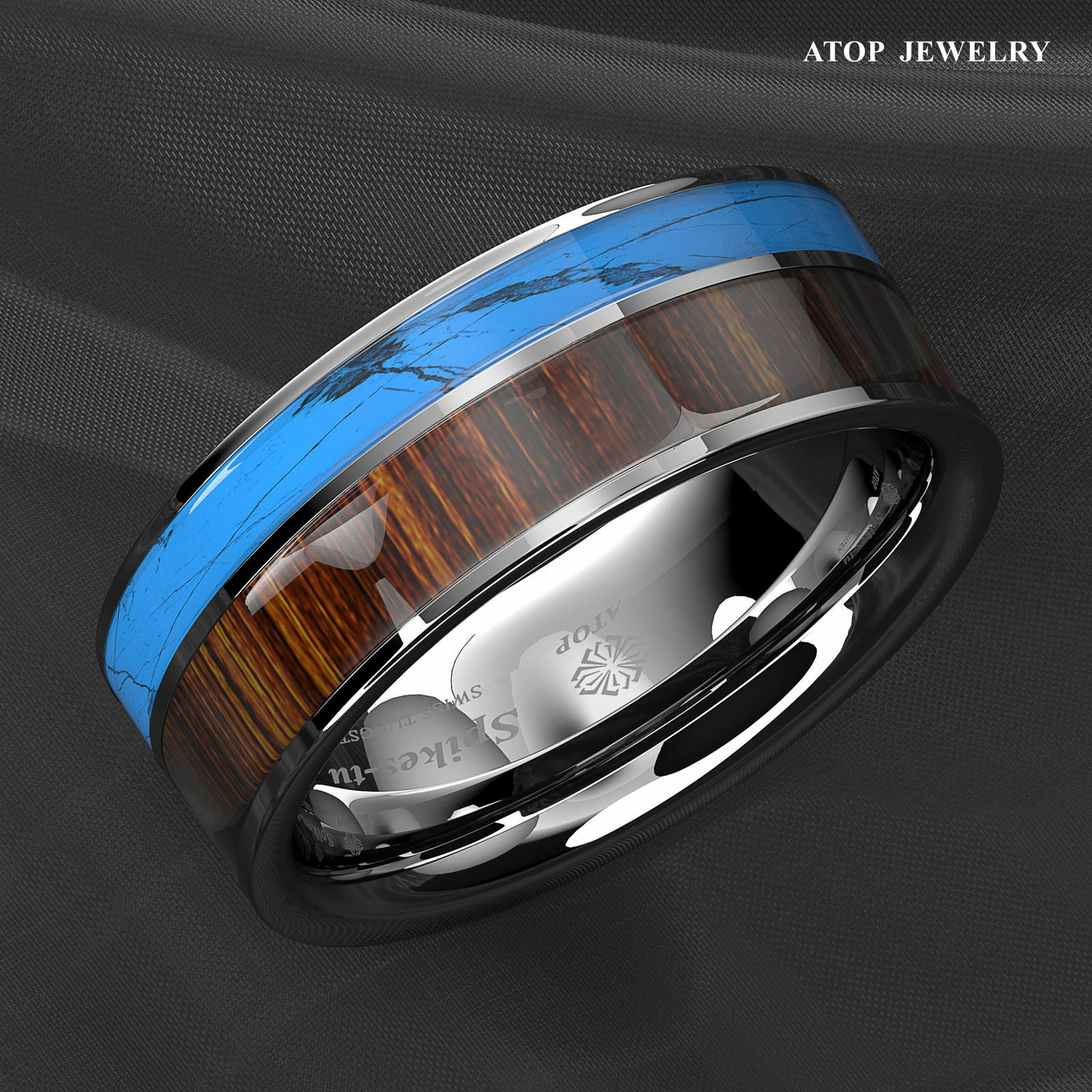 8mm Tungsten Men’s Ring Silver Turquoise & Koa Wood Wedding Band ATOP Jewelry