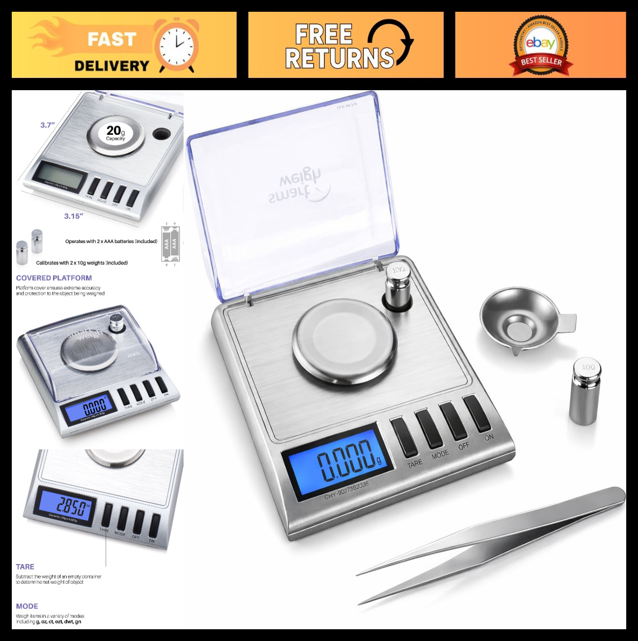 High Precision Digital Milligram Scale 20g x 0.001g for Jewelry, Reloading & Gem