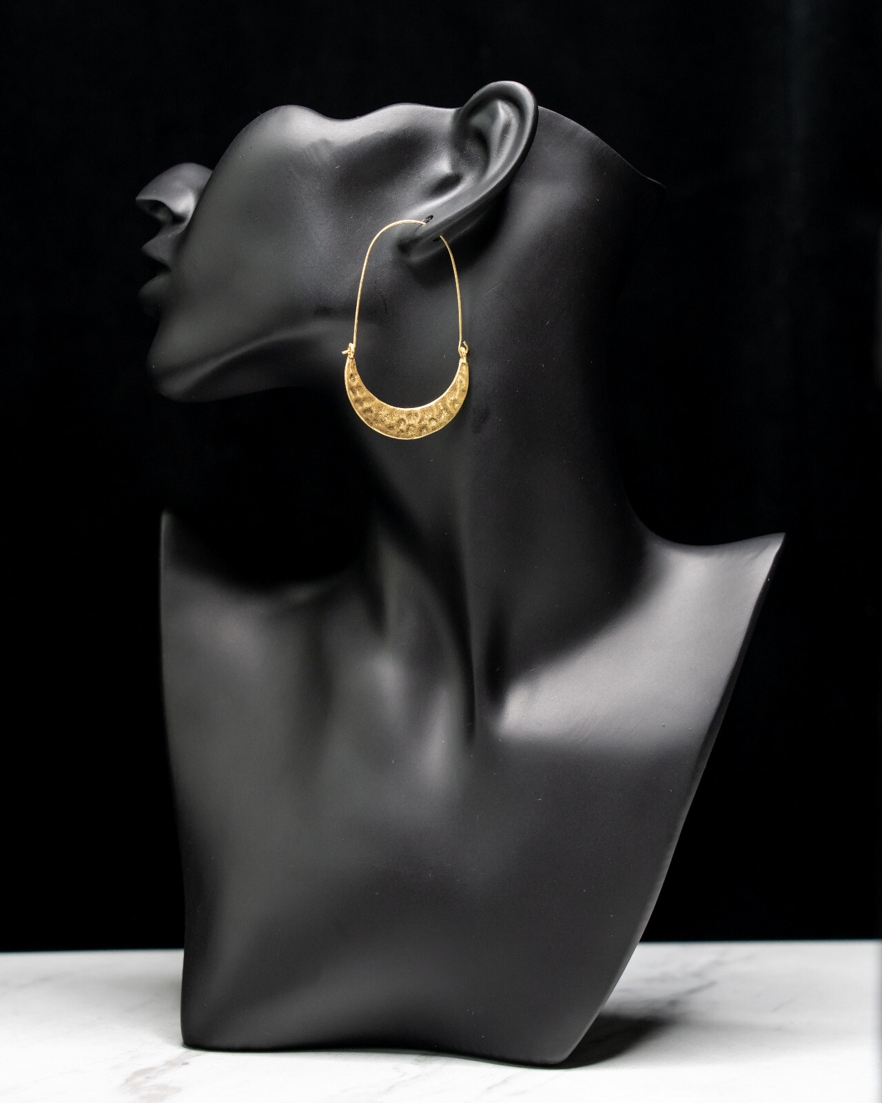 Crescent Moon Hammered Drop Hoop Wire Boho Metal Earrings in Gold