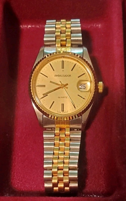 Ambassador 35mm 2 Tone Gold Dial President Date Quartz Men Watch, Run (Lot2342)