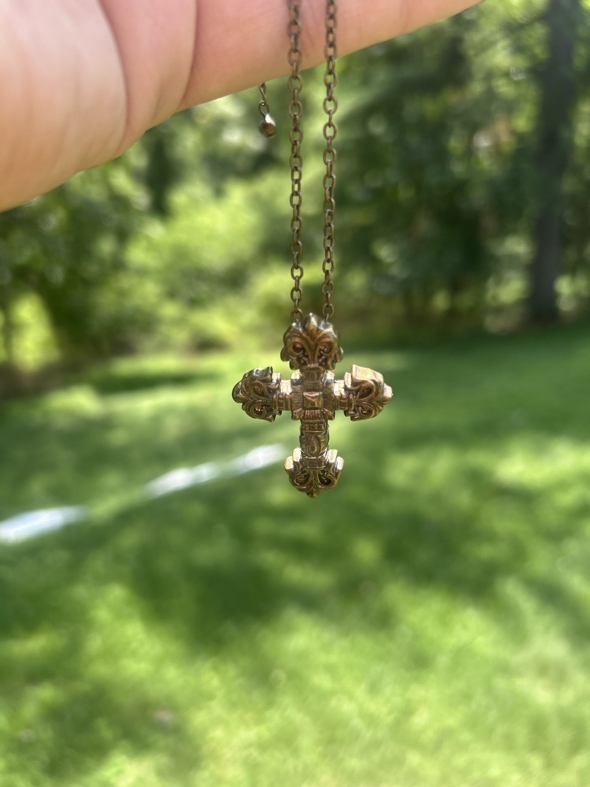 Brass Tone Cross Necklace w/ Adjustable Cable Chain