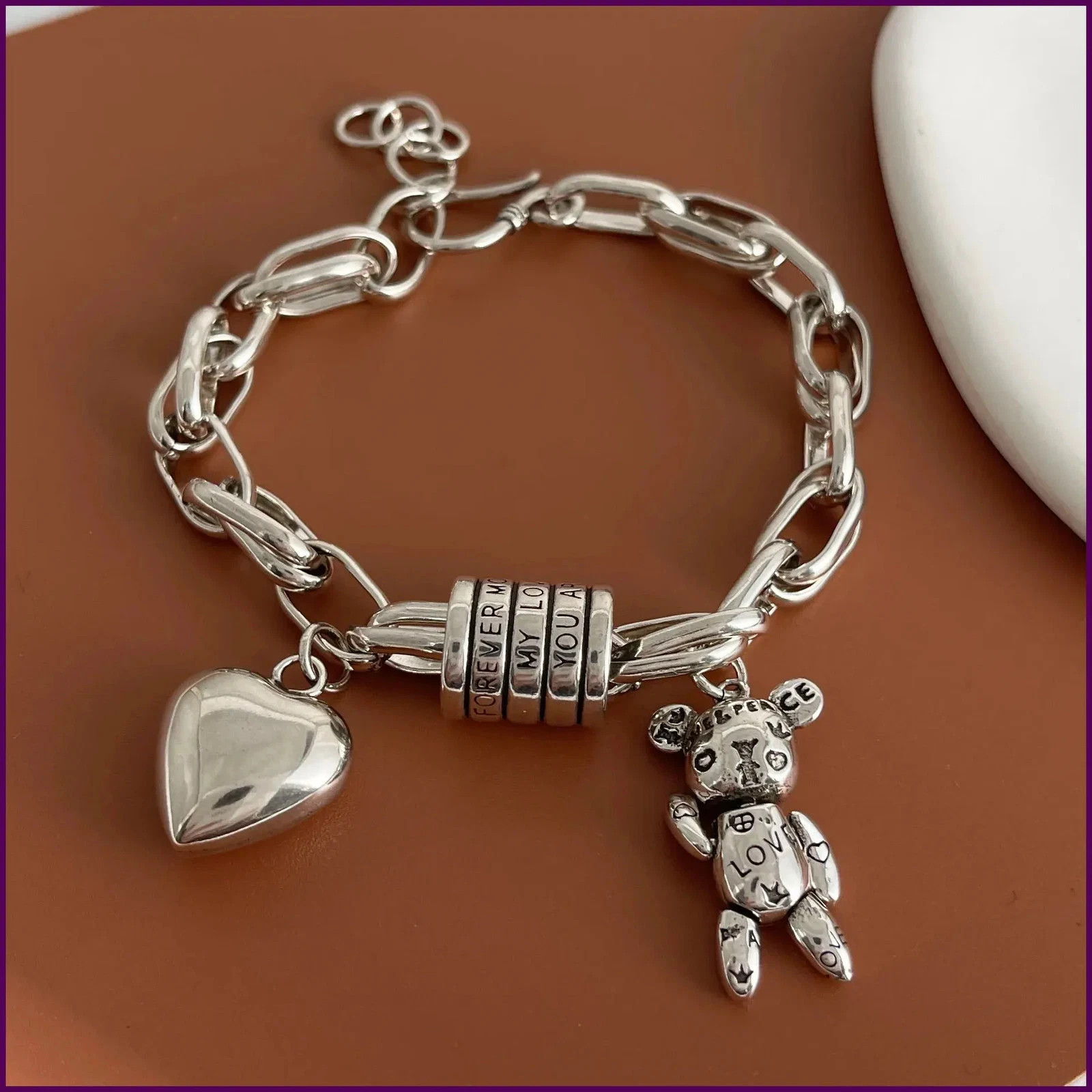 Women’s Vintage Heart Bracelet – Solid 925 Sterling Silver Handmade Jewelry