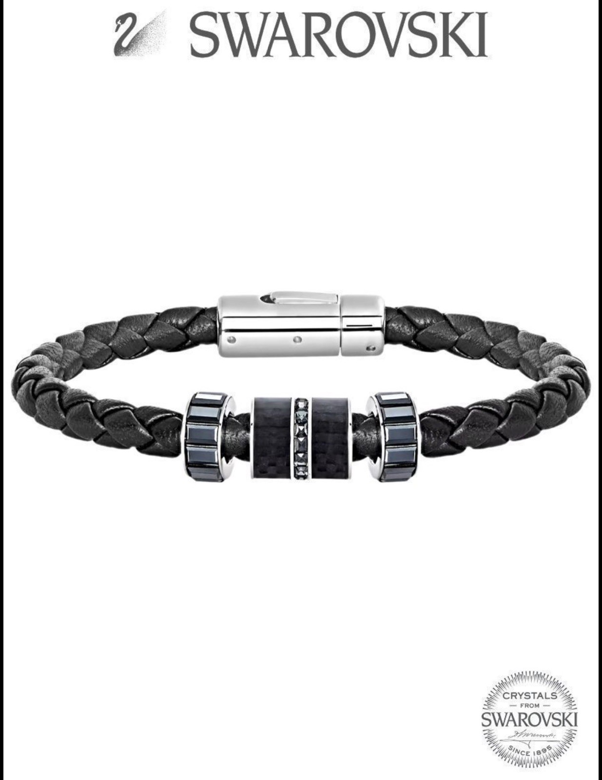 Swarovski Diagonal Men’s & Unisex Black Leather Bracelet 18cm Gift boxed