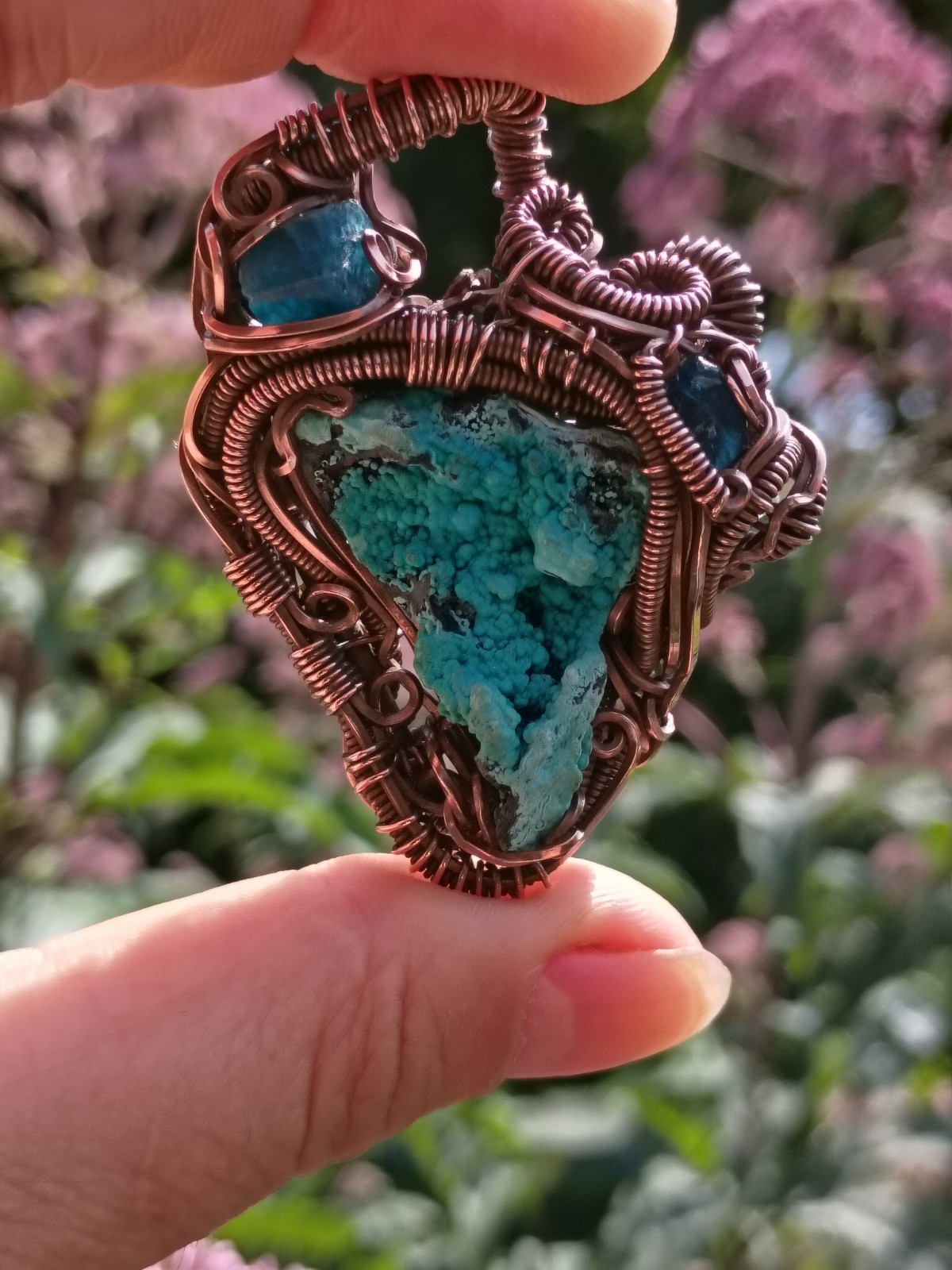 Handcrafted Wire Wrapped Natural Chrysocolla Apatite Copper Amulet Pendant