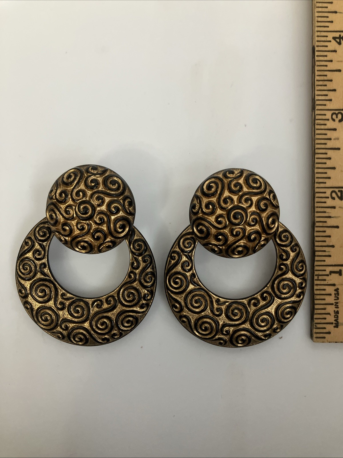 Vintage Black & Gold Tone Textured Door Knocker Earrings Pierced Lightweight
