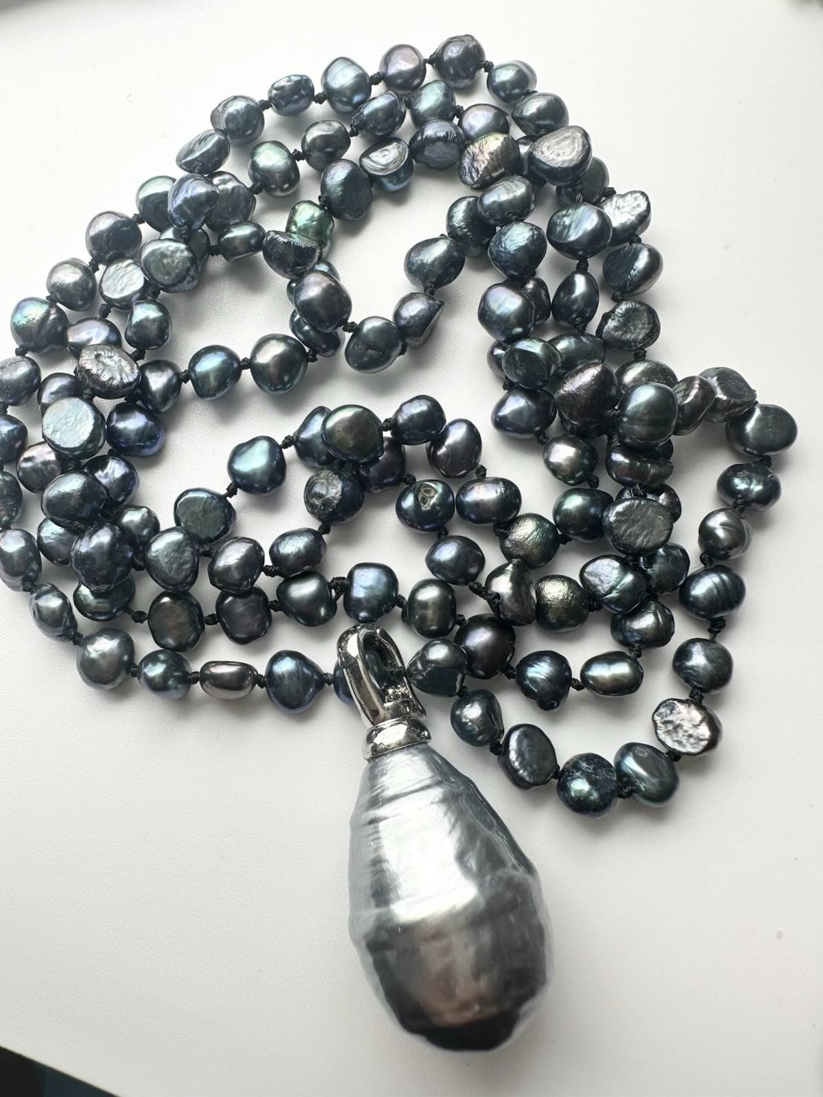 Cultured Freshwater Pearl Hand Knotted With Huge Faux Pearl Pendant 42”