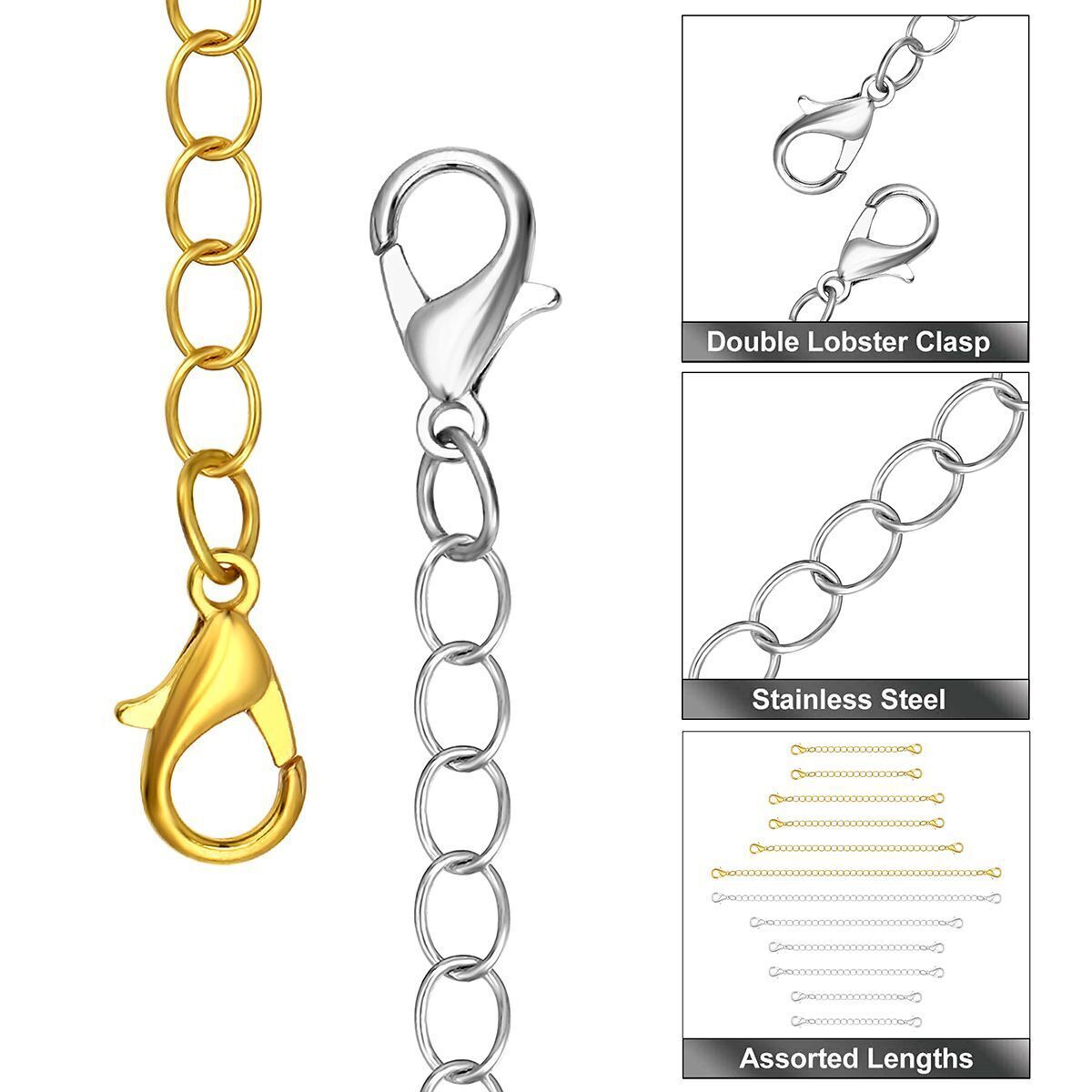 12pcs Stainless Steel Necklace Bracelet Extender Chain Extenders Gold&Silver