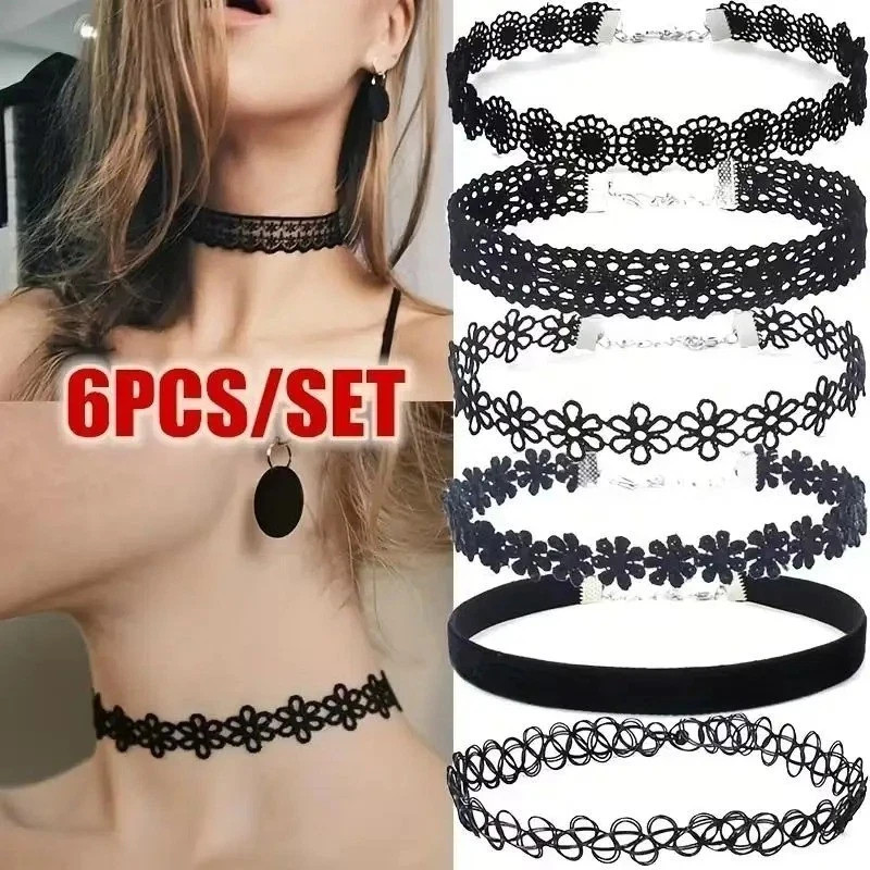 6pc Choker Necklace Set Black Velvet Classic Women Chain Collar Lace Stretchy US