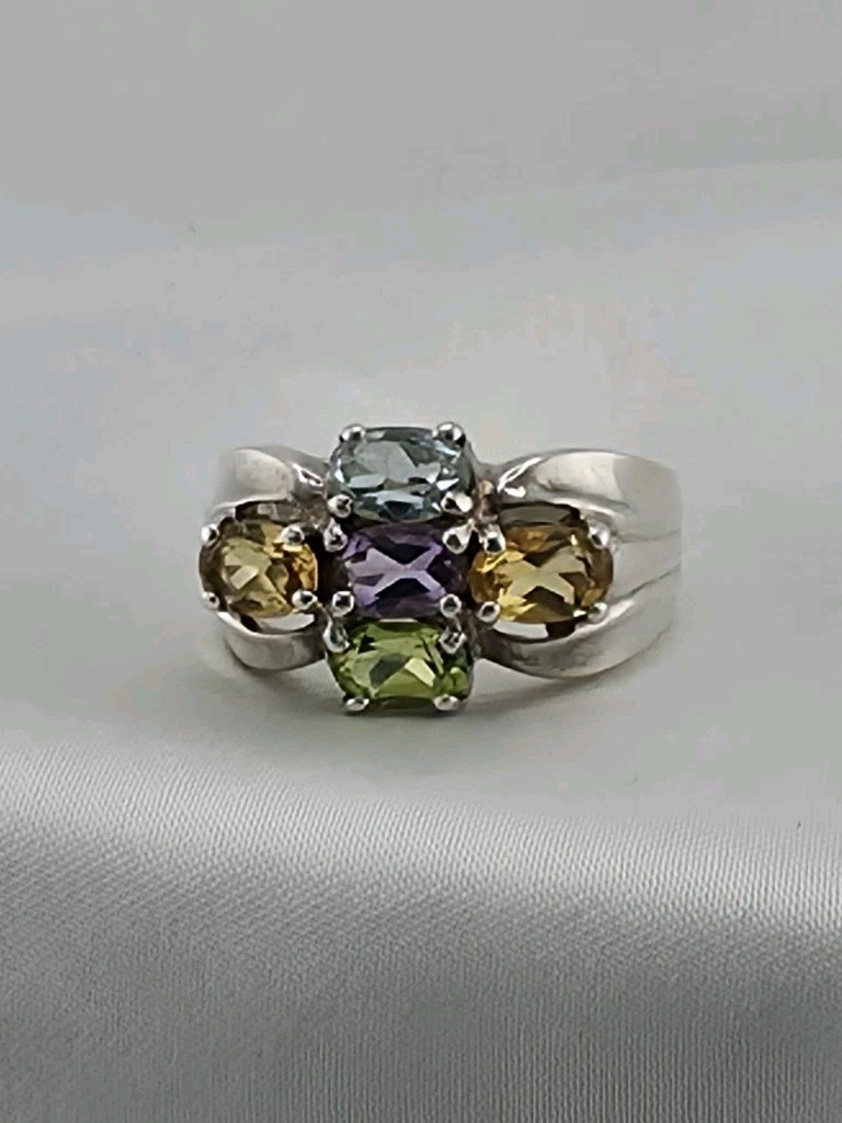 Vintage Sterling Silver 5 Gemstone Cluster Ring Amethyst Peridot Citrine Sz 7.5