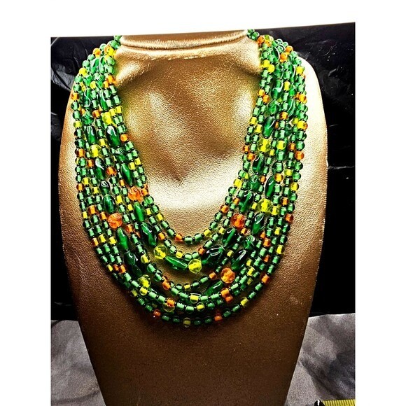 Vintage Multi Strand Beaded Bib Necklace Green Orange Yellow Glass Tiers Boho