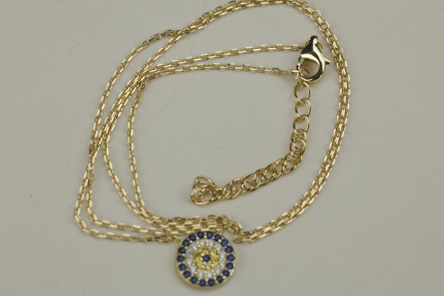 Sterling Silver Evil Eye Pendant Necklace Gold Tone Blue White CZ 18 Inch