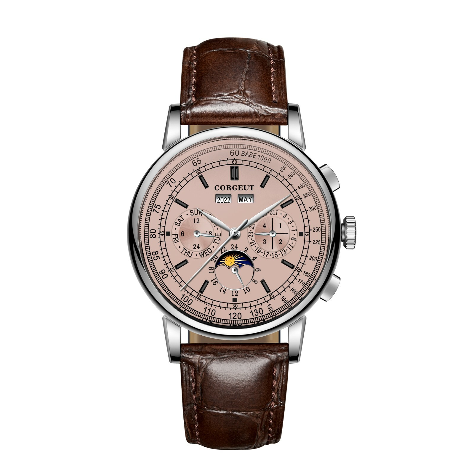 Corgeut Men Watch Rose Gold ST1655 Movement Automatic Month Week Year Moon Phase