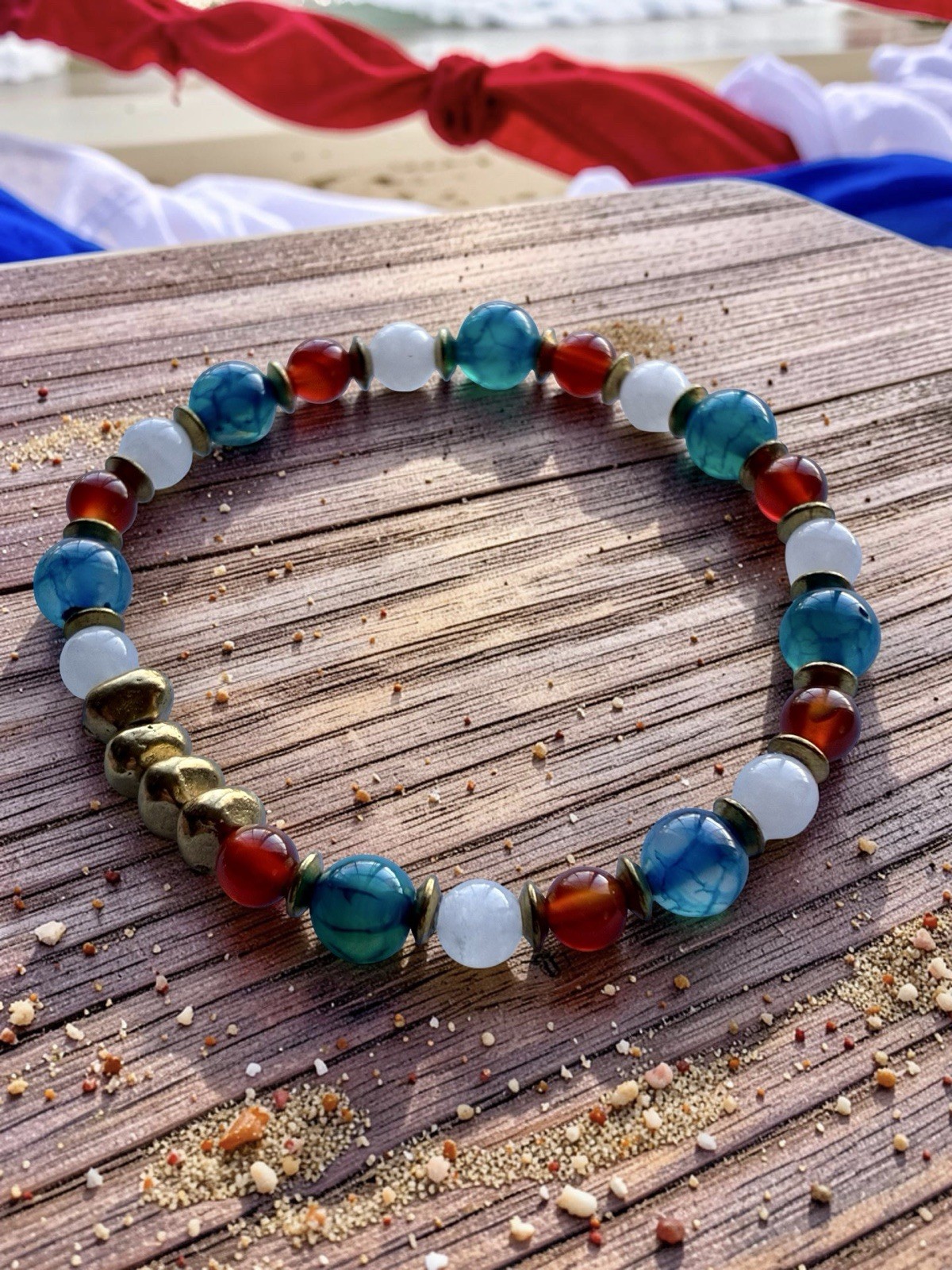 Independence Day Patriotic Stretch Gemstone Bracelet, With Solid Brass Nuggets