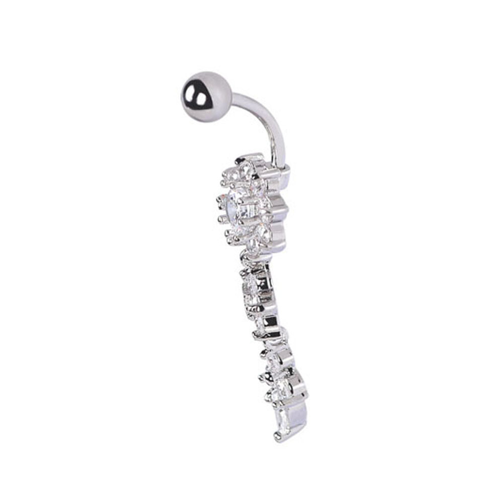CZ Flower Belly Button Ring Surgical Steel Dangle Navel Bar Barbell Piercing 14g