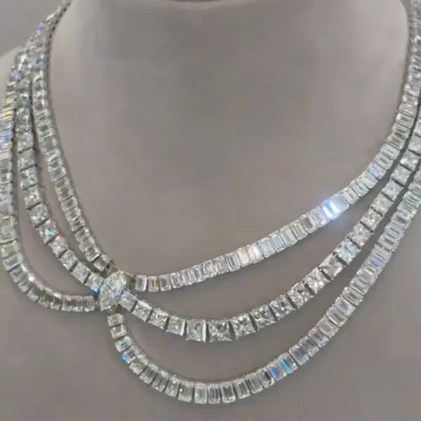 60Ct Marquise & Emerald Cut Lab Created Sapphire Three-Layer Statement Necklace