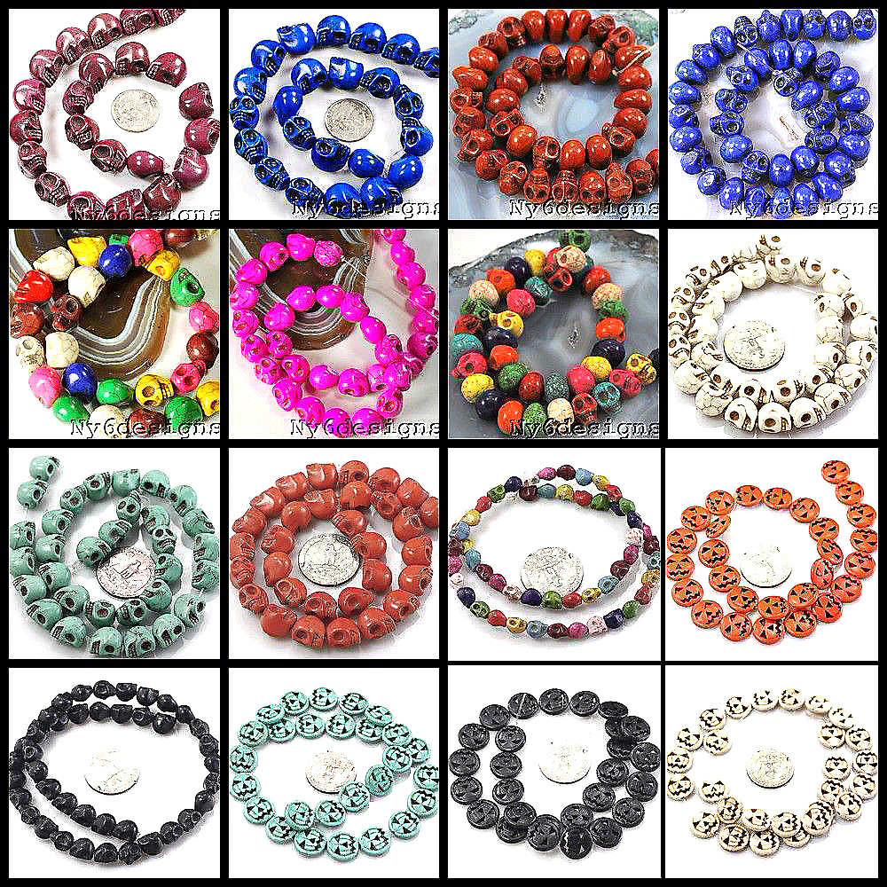 Halloween Decor Howlite Skull Magnesite Turquoise Pumpkin Beads 15″ Bracelet