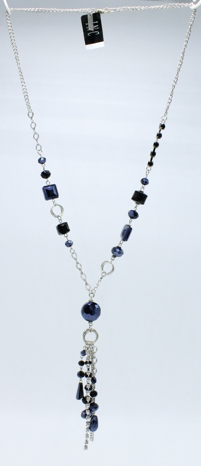 I.N.C. Silver Tassel Necklace with Jet Stones & Rhinestones NWT $39.50 #N2728