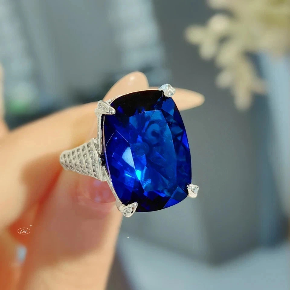 6.40 Ct Cushion Natural Sapphire Diamond Wedding Ring 14K Solid White Gold 7