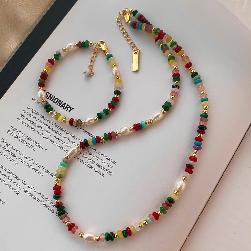 Premium Assorted Gemstone Pearl Rainbow Summer Necklace Bracelet Set for Women