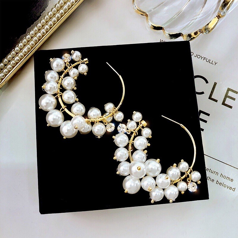 18K Gold Plated White Pearl Dangle Drop Earrings for Women,Open Hoop Earrings