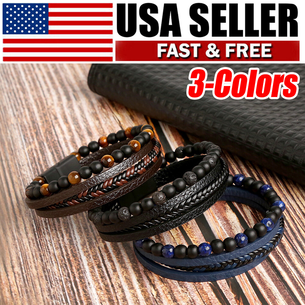 Men’s Layered Braided Leather Beaded Bracelet With Tiger Eye, Natural Stone