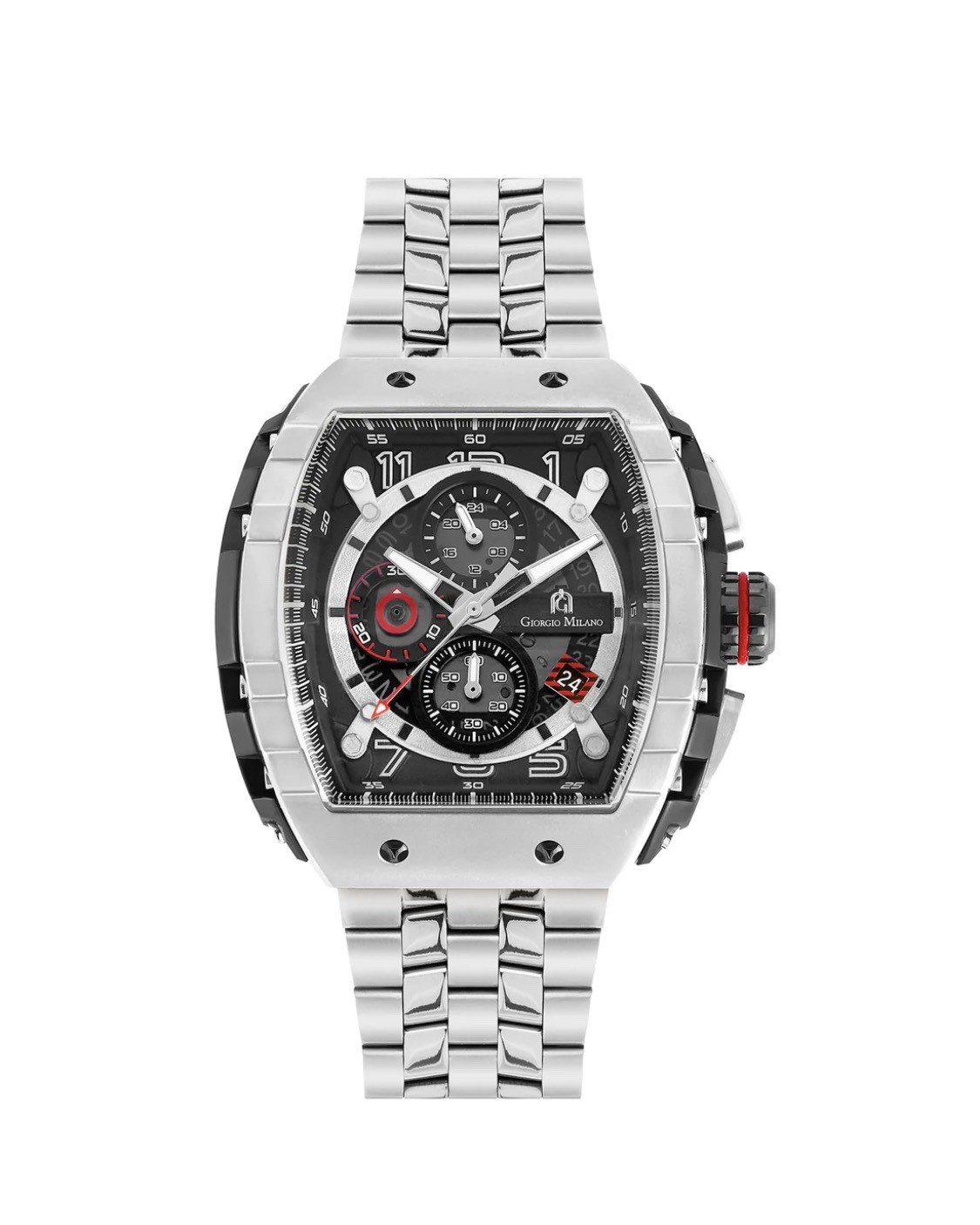Giorgio Milano Men’s Chronograph Quartz Tonneau SS Silver Bracelet Black/Red