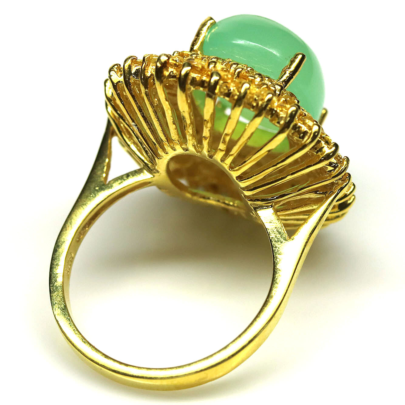 925 Silver 12 x 15 mm. Green Chrysoprase & Sapphire Jewelry Ring Size 8.25