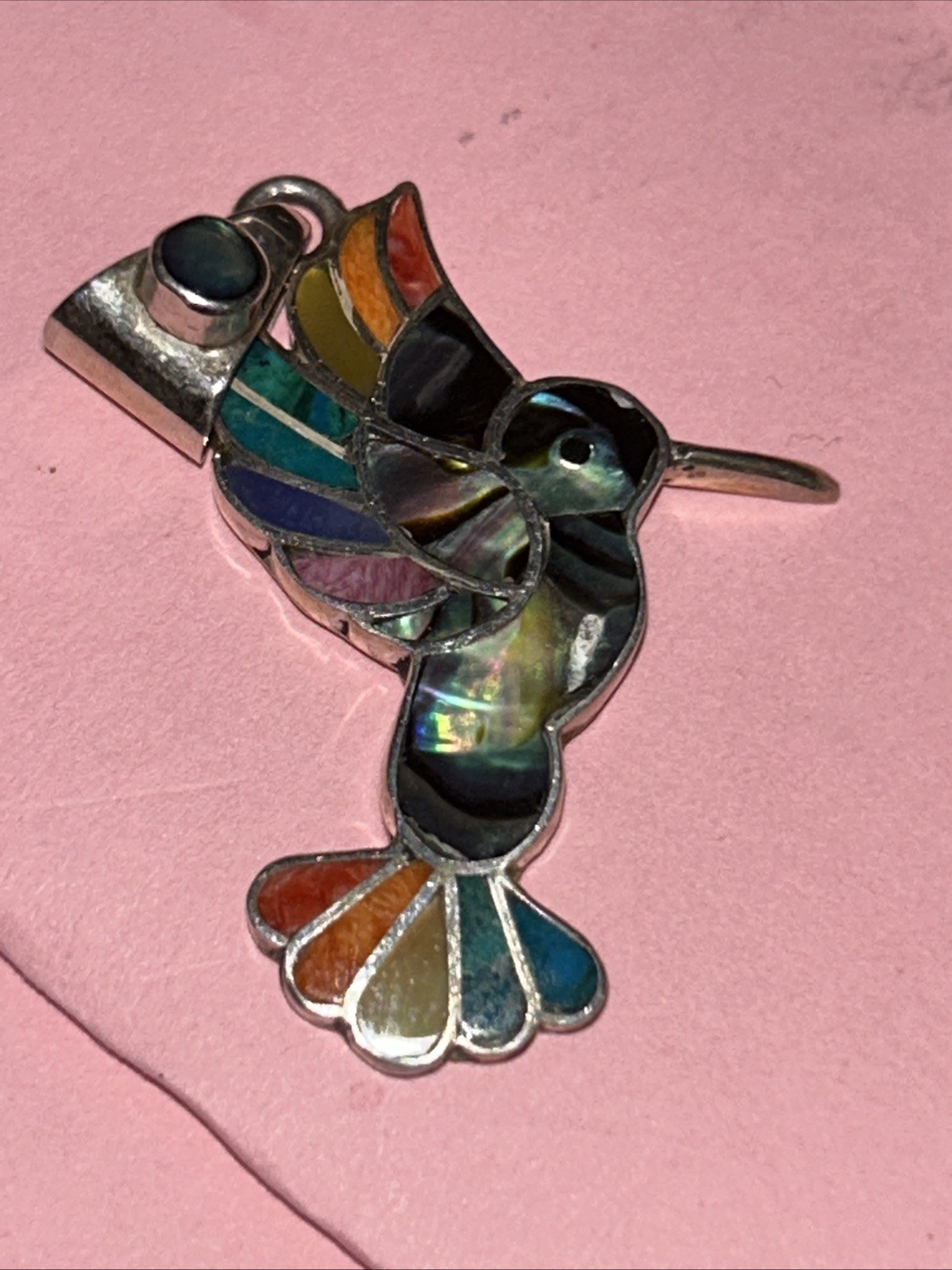 950 Silver Handmade Inlay Hummingbird Abalone Pendant From Peru 1.75”