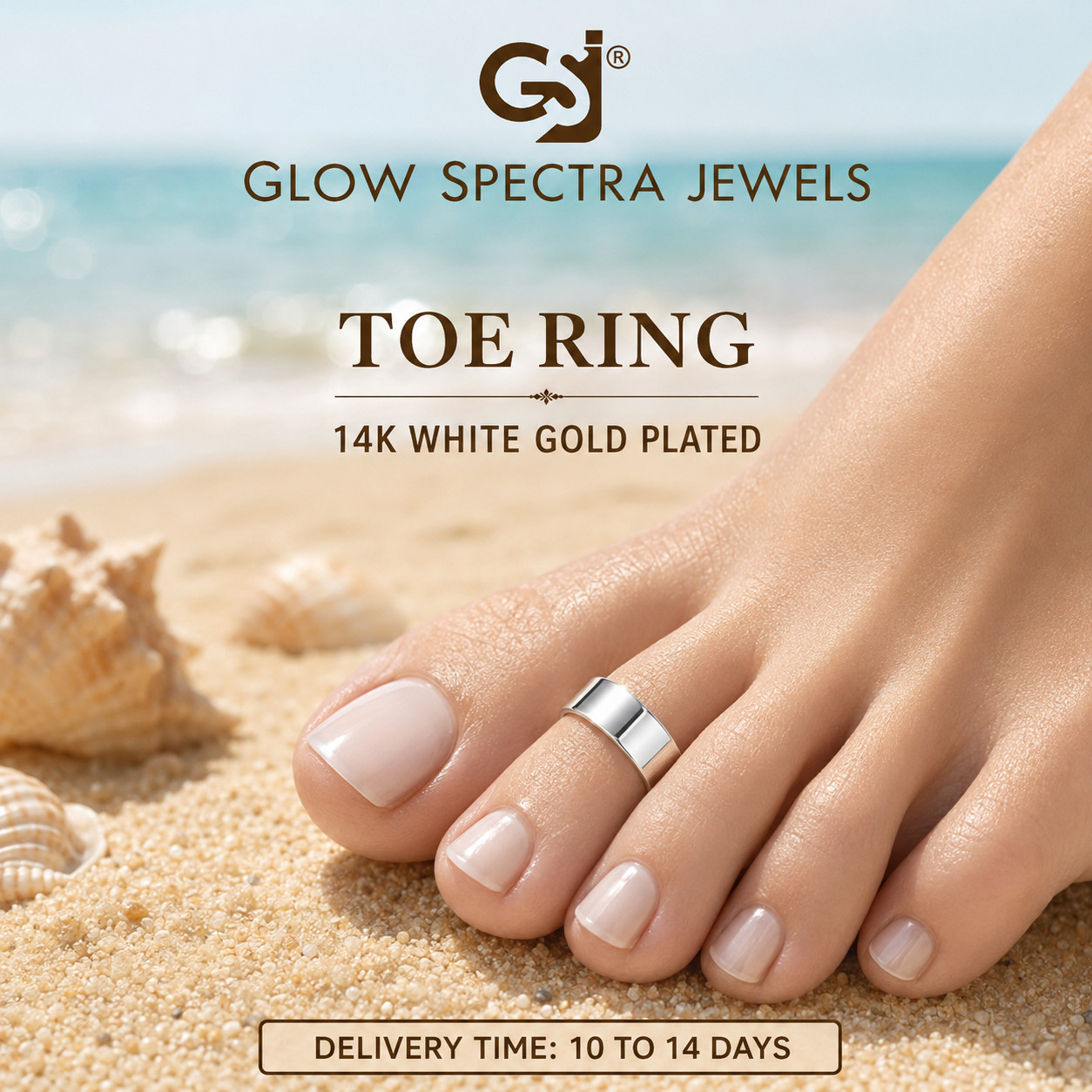 Solid Metal Adjustable Flat Women’s Valentine’s Toe Ring 14k White Gold Plated