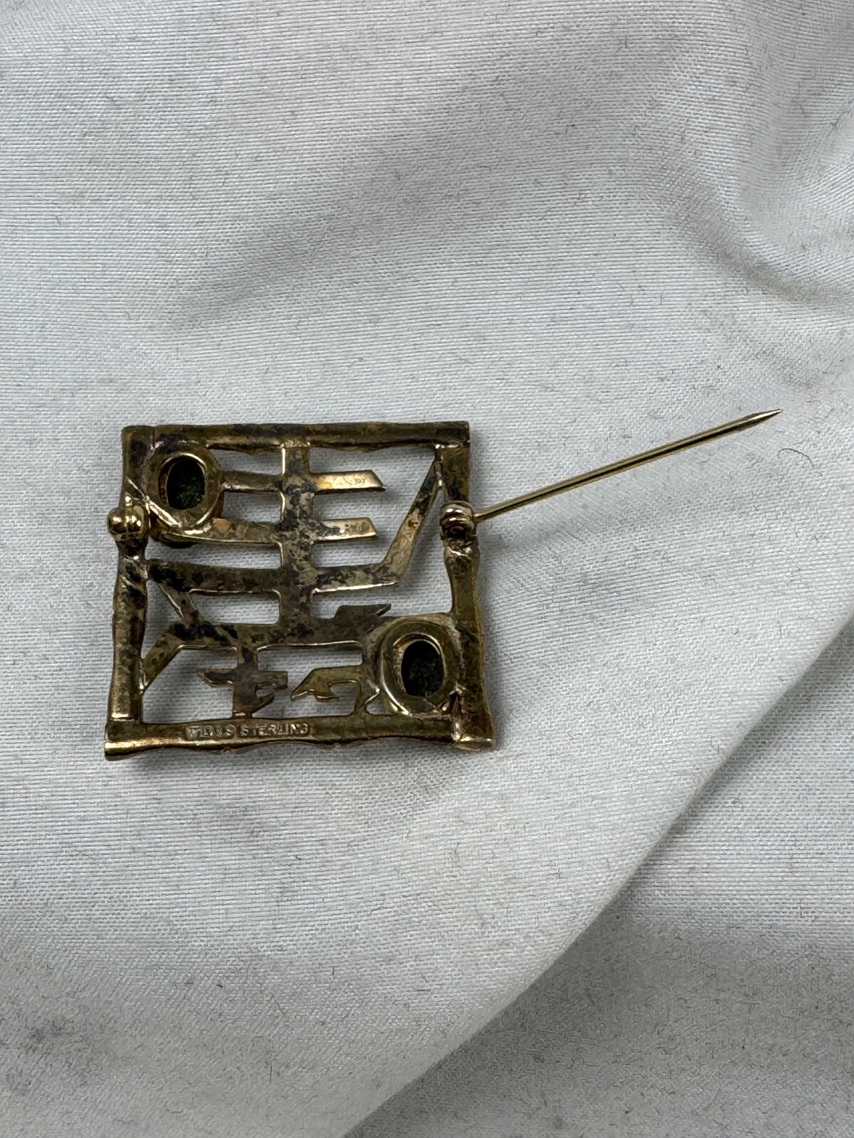 Pin Brooch Sterling Silver Signed Wells Vermeil Bamboo Asian Nephrite Jade