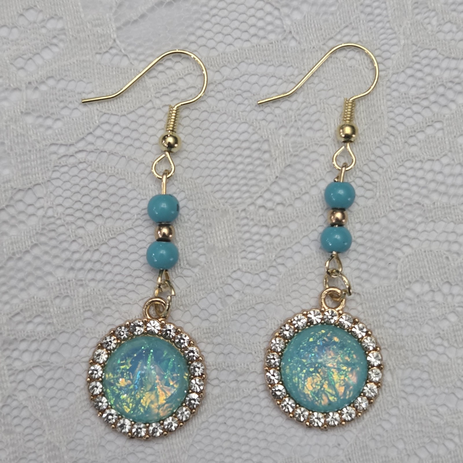 Earrings Gold Blue Beaded Dangle Drop Iridescent Center Glass Hook Fashion