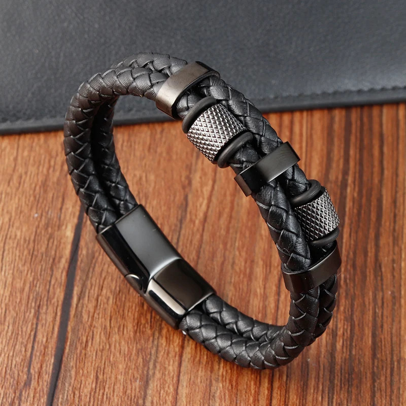Men’s Leather Rope Braid Bracelet Stainless Steel Magnetic Buckle Jewelry