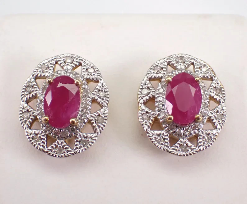 2.20Ct Oval Cut Lab Created Ruby Snowflake Stud Earrings 14K Yellow Gold Plated