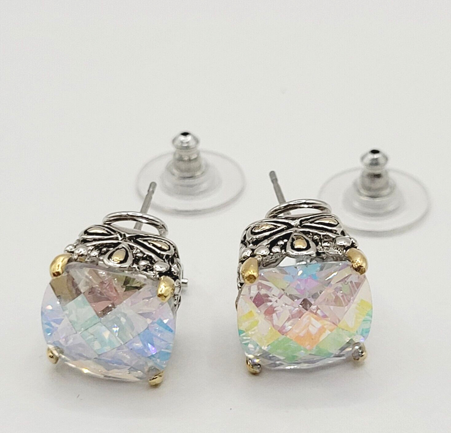 Modern Rainbow AB Crystal Square Stud Two Tone Ornate Frame Pierced Earrings