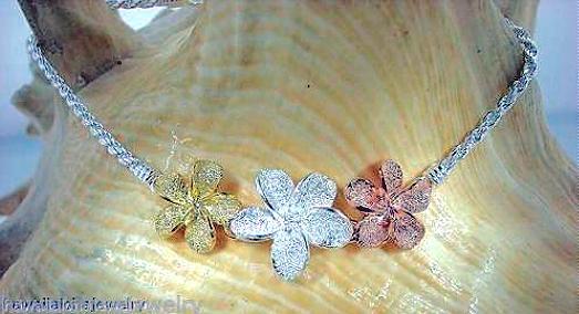 Graduated Hawaiian 3-Tone 925 Sterling Silver 14k GP DC 3 Plumeria Bracelet 7″
