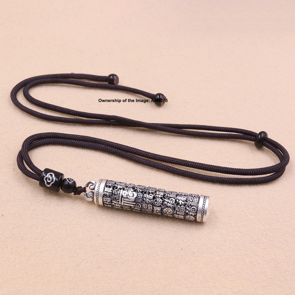 Solid 999 Pure Silver Long Cylindrical Pendant Engraved 福 (Good Fortune) Symbol
