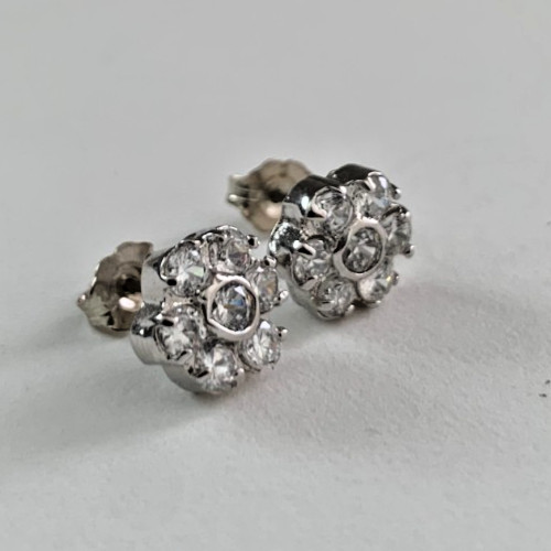 Rosette Flower Cluster Cubic Zirconia Stud Earrings in Solid Sterling Silver