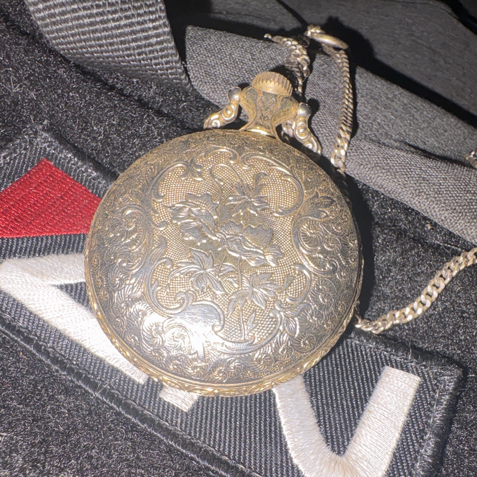 Gold Tone Full Hunter Mechanical Pocket Watch w/ Chain, Train, Arabic Dial
