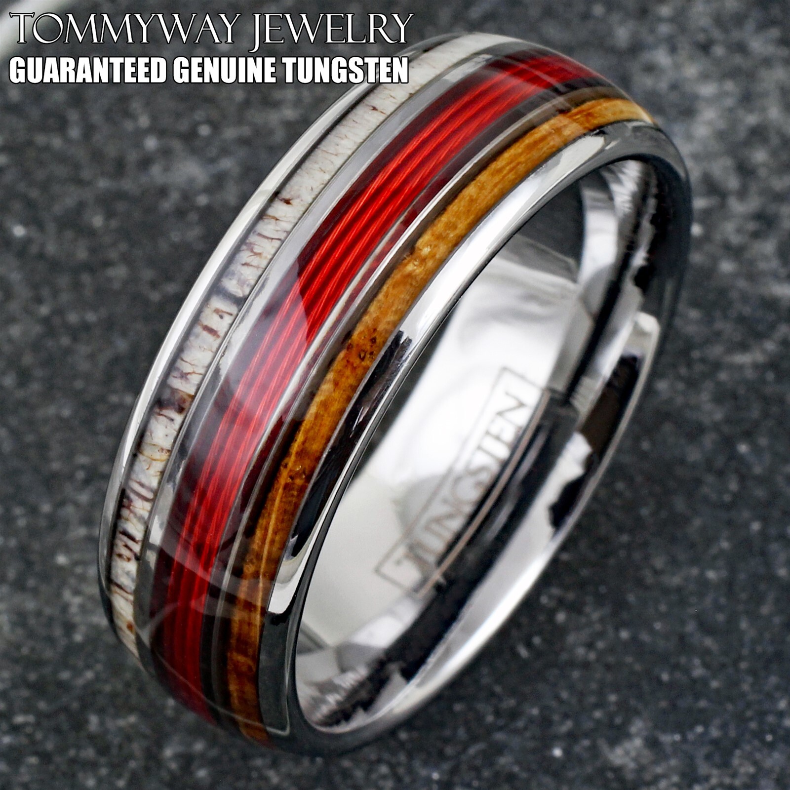 Tungsten Carbide Men’s Ring Red Fishing Line-Whiskey Barrel & Deer Antler Band