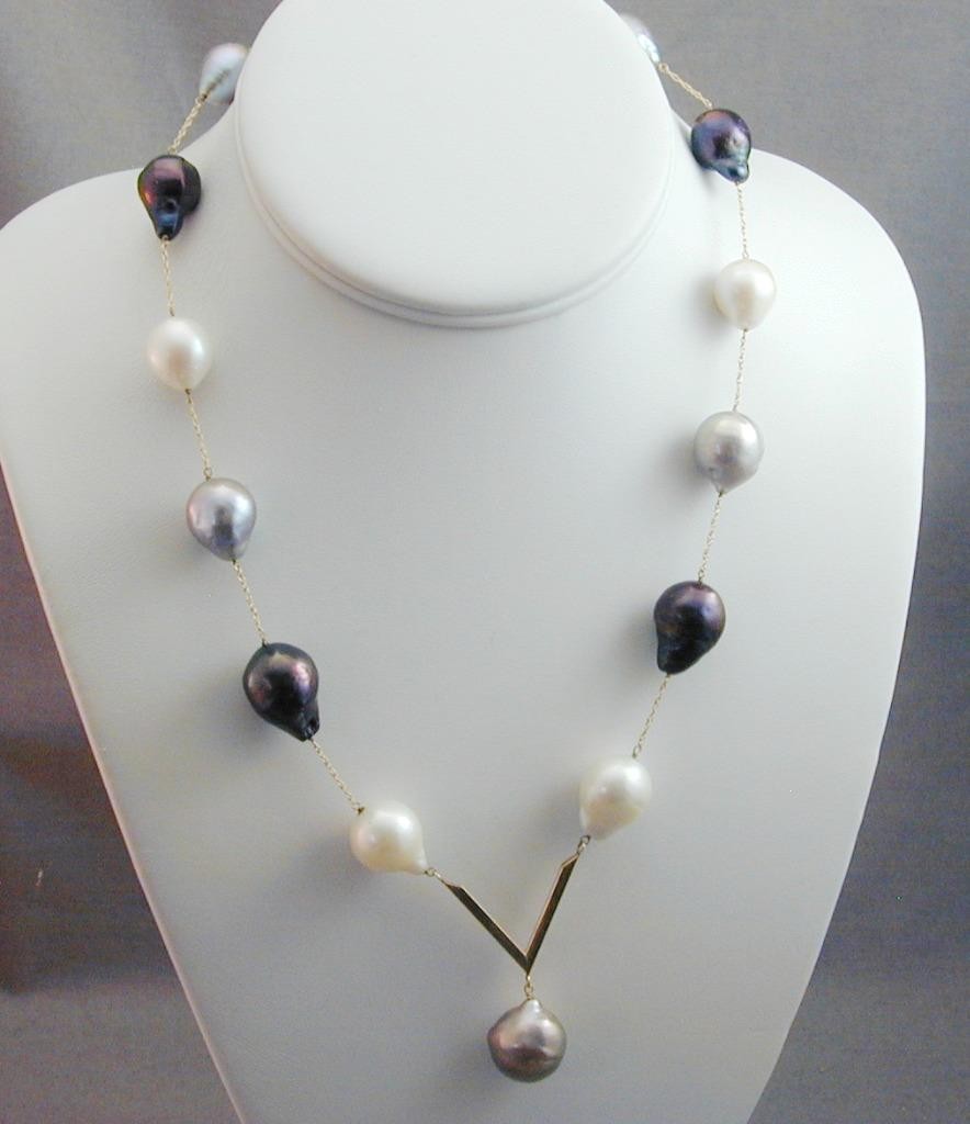 Vintage 14-18mm Gray Black White Baroque Pearl V Necklace 14k 17.75” Tahitian