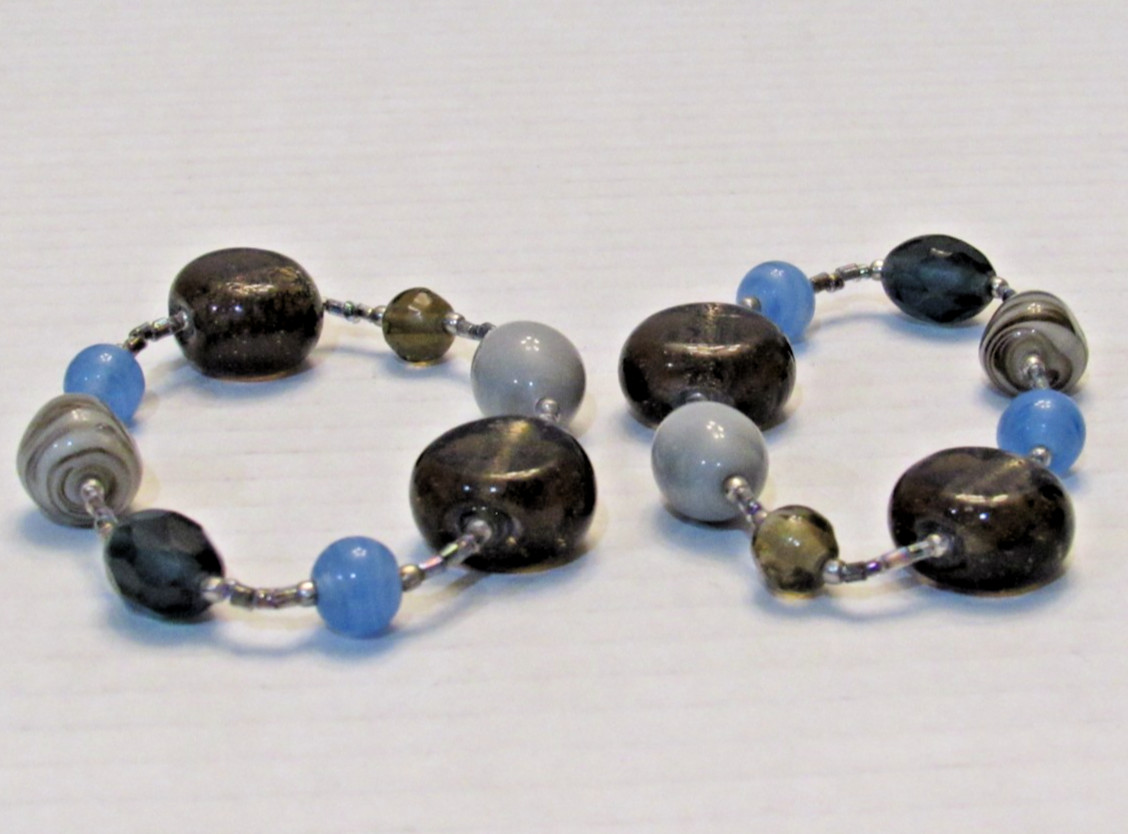 2 Handmade Lampwork Glass Bracelet Brown Blue Swirl Beaded Artisan 6.5in