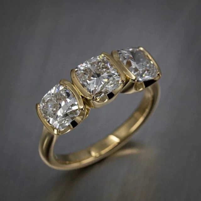 1.50Ct Cushion Cut Moissanite Three Stone Engagement Ring 14K Yellow Gold Plated