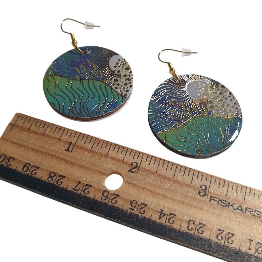 Handcrafted Round Dangle Earrings Blue Green Gold Wave Dangle Hook Boho Gift