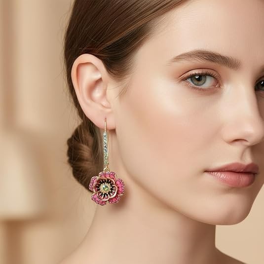 Floral Drop Earrings Women Gold Tone Crystal Rose Flower Hook Statement Boho
