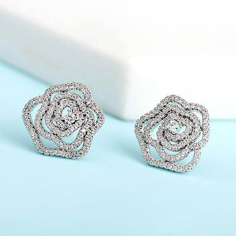 18k White Gold Flower Crystal CZ Earrings Stud Made With Swarovski Elements