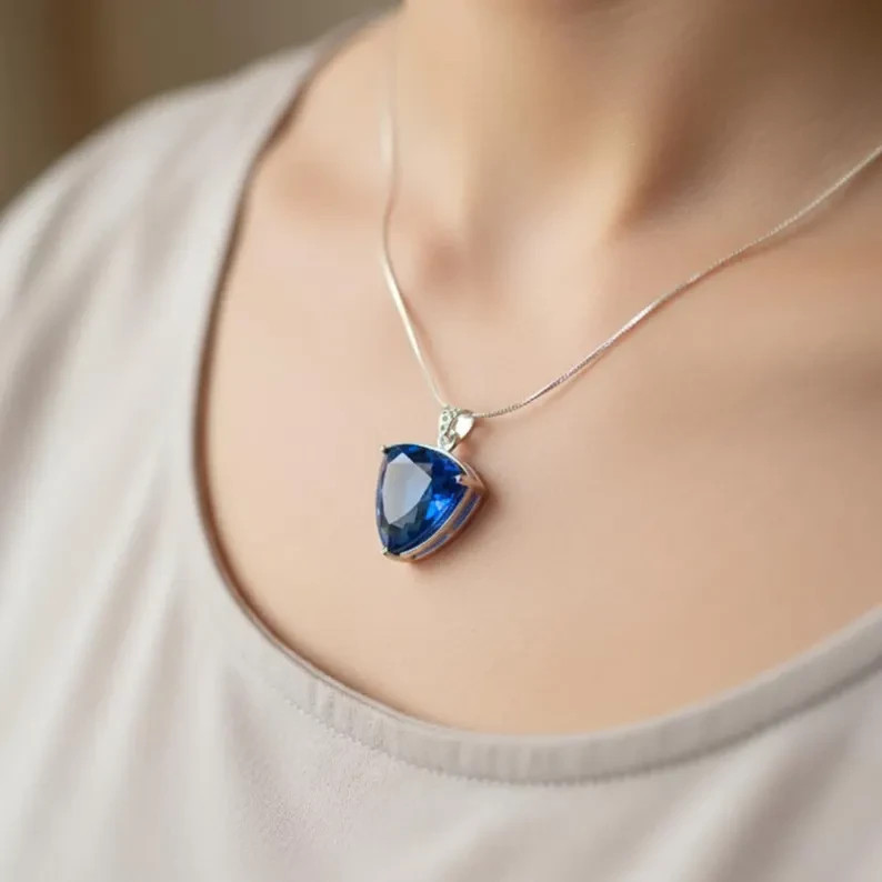 Natural Blue Sapphire Trillion Cut Pendant with Free Chain | Handmade Gemstone
