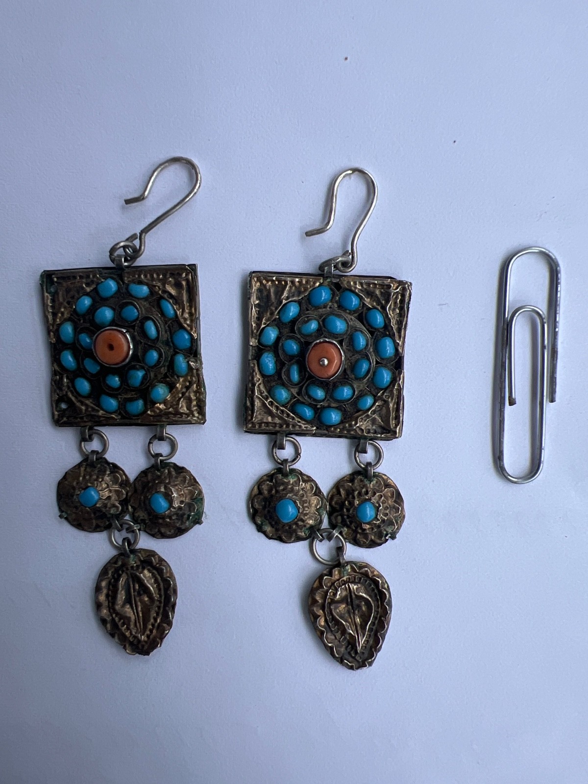 Antique Central Asian silver-gilt earrings with turquoise and coral